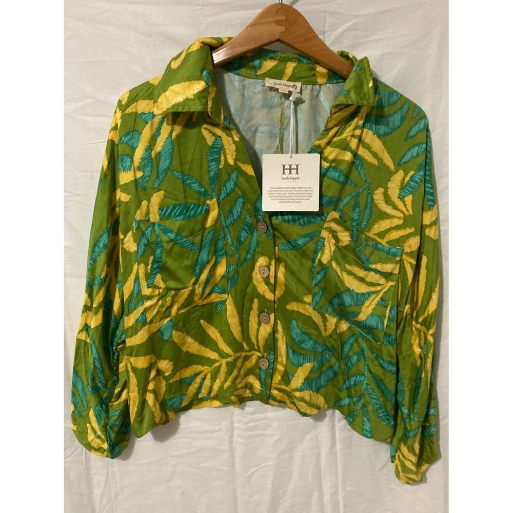 NWT‎ Haute Hippie Top Womens L Green Tropical Print Crop Core Boho Resort Loose